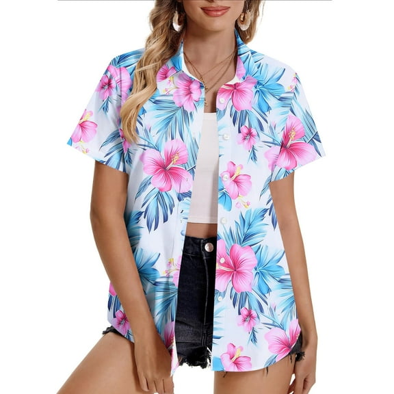 Horkkom Button Down Shirts for Women Summer Casual Hawaiian Beach Vacation Cardigan Plus Size Floral Print Short Sleeve Button Up Shirt L