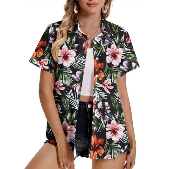 Horkkom Button Down Shirts for Women Summer Casual Plus Size Short Sleeve Cardigan Hawaiian Beach Vacation Button Up Shirt 2XL