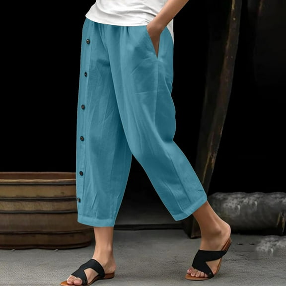 Horkkom Capris Pants for Women Casual Solid Color Elastic Waist Linen Pants with Pockets Summer Button Beach Pants