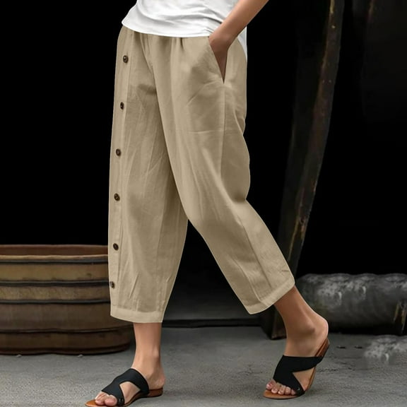 Horkkom Linen Pants Women Summer Casual Solid Color Elastic Waist Capris Pants with Pockets Button Beach Pants