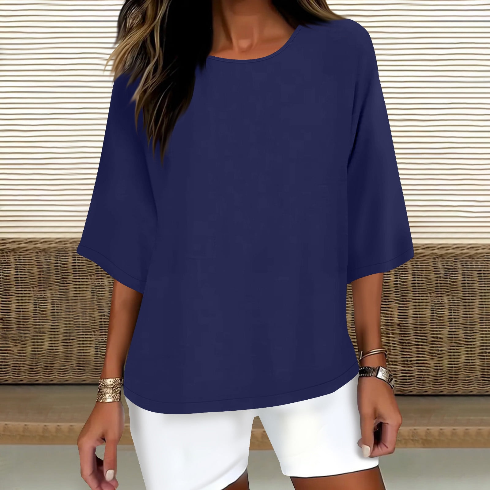 Horkkom Linen Shirts for Women Summer Plus Size Solid Color 3/4 Sleeve ...