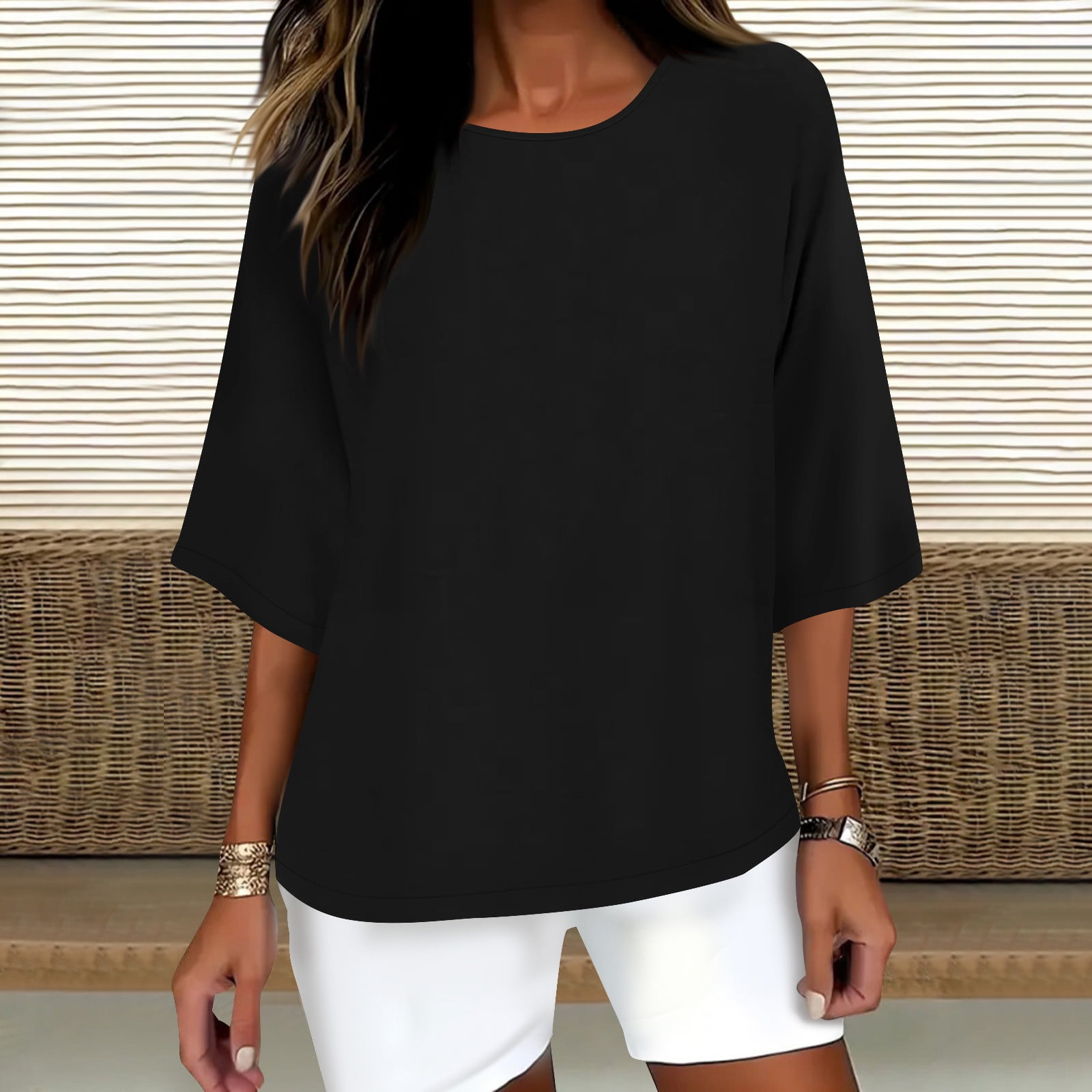 Horkkom Linen Shirts for Women Summer Plus Size Solid Color 3/4 Sleeve ...