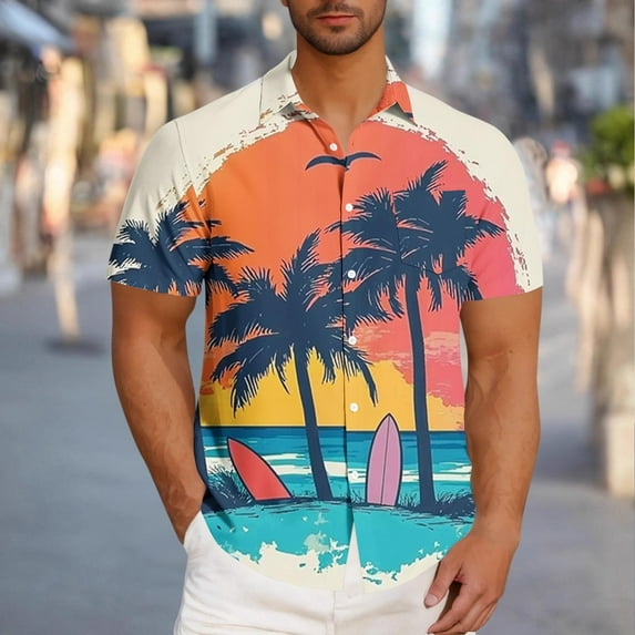 Horkkom Mens Shirts Short Sleeve Summer Hawaiian Print Beach Shirts Casual Loose Button Up Shirt with Pocket
