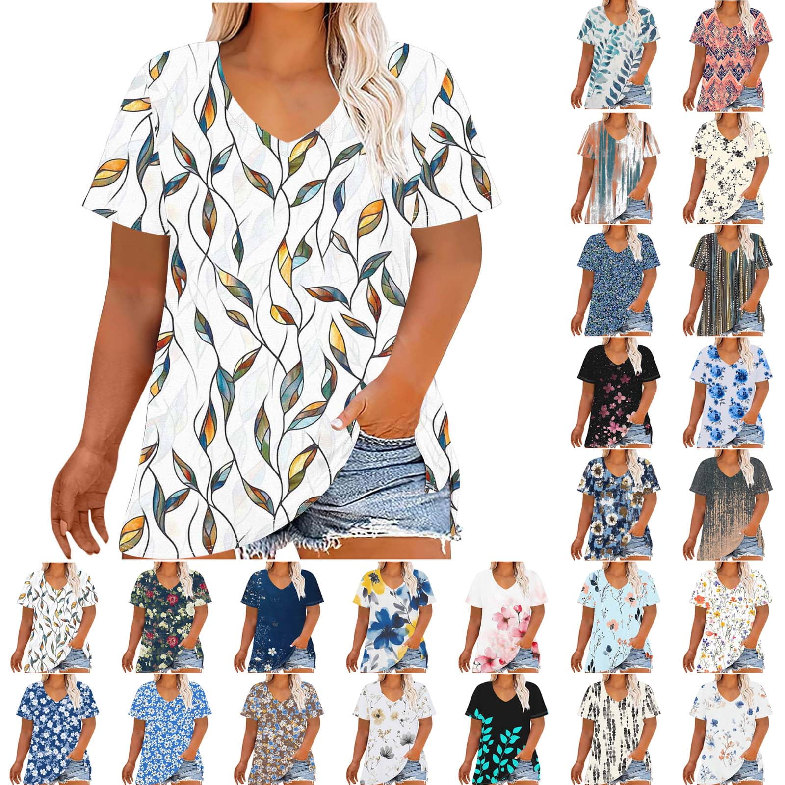 CARCOS Plus Size Women's Floral Print Tunic Top - 3XL (22W-24W), Short Sleeve V-Neck Summer Blouse