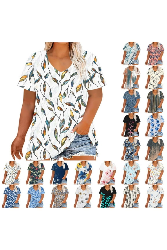 Plus Size Tunic Tops for Women Floral Print V Neck Short Sleeve Shirts Summer Loose Comfy Blouses XL-5XL