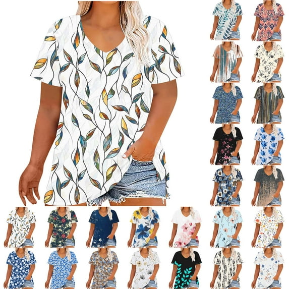 Horkkom Short Sleeve Shirts for Women Plus Size V Neck Floral Print T Shirts Summer Casual Trendy Tunic Top XL-5XL