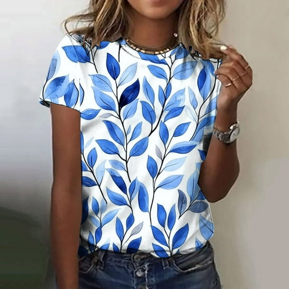 Horkkom Short Sleeve Shirts for Women Summer Crew Neck T Shirts Casual Wildflower Plant Print Tee