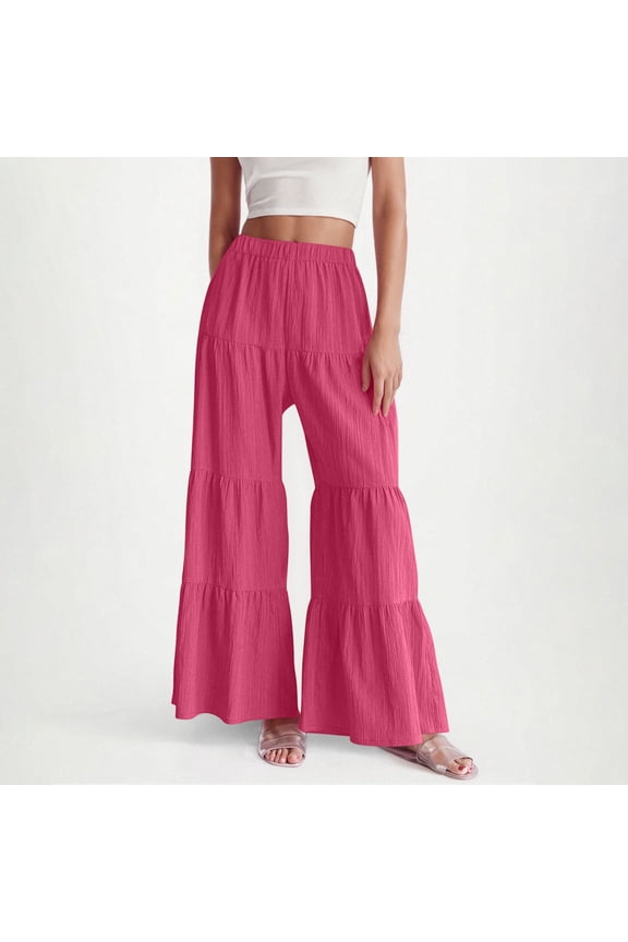 Wide Leg Pants Woman Casual High Waisted Ruffle Pants Summer Loose Solid Color Beach Pants