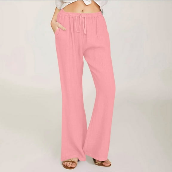 Horkkom Wide Leg Pants Woman Solid Color Elastic Waist Linen Pants Casual Flowy Loose Beach Pants with Pockets