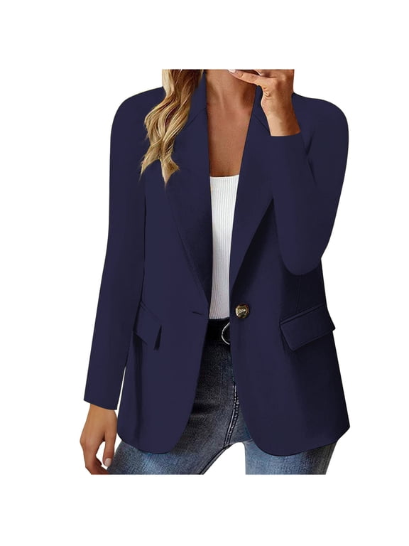 Blazers for Women, Women's Fashion Solid Button Suit Coat Long Sleeve Casual Blazer Jacket Navy XL