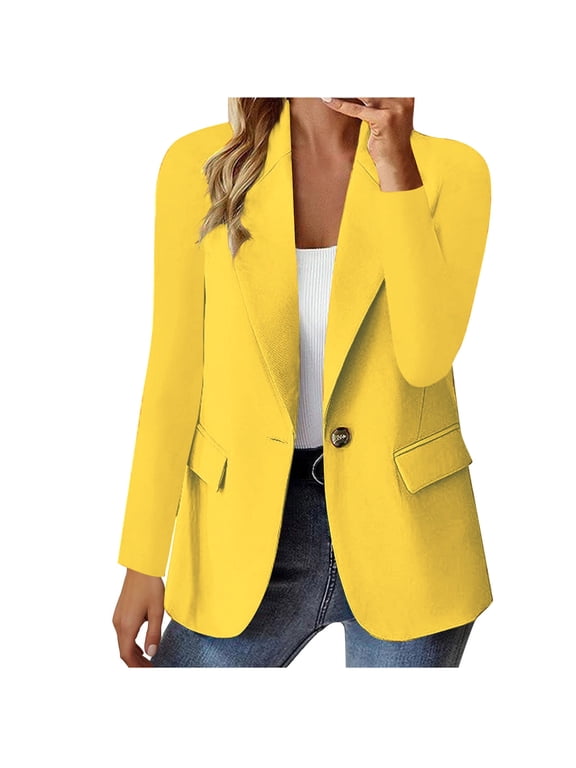 Blazers for Women, Women's Fashion Solid Button Suit Coat Long Sleeve Casual Blazer Jacket Yellow XXL