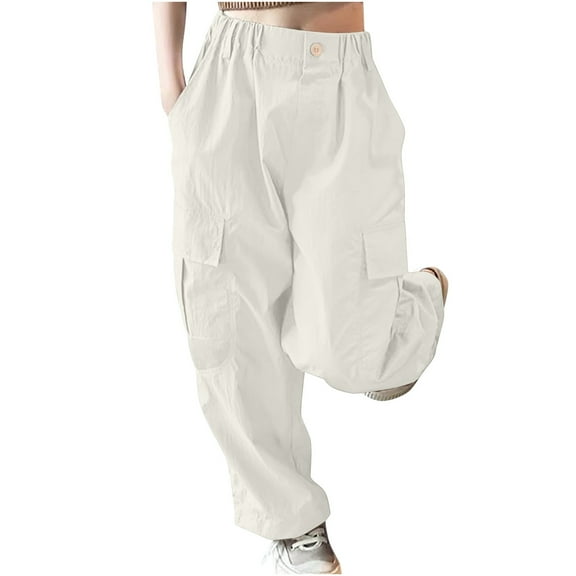 Loopsun Boys Girls Cargo Pants, Children's Casual Solid Button Pocket High Waist Loose Straight Leg Long Pants Beige 9-10 Years