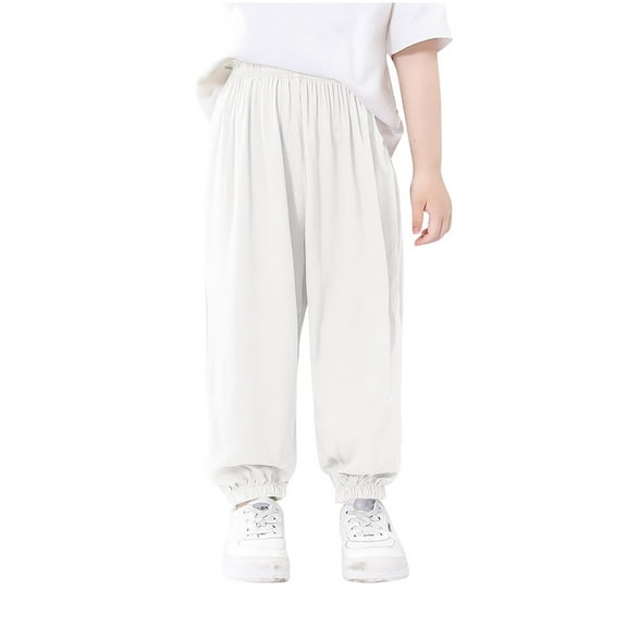 Loopsun Boys Girls Casual Pants, Children's Summer Solid Color Elastic Waist Pocket Casual Sports Full Length Pants White 3-4 Years