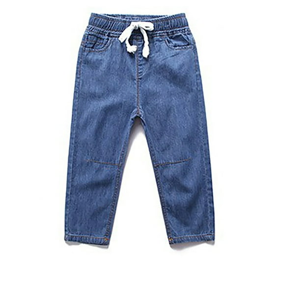 Loopsun Boys Girls Jeans, Children's Casual Solid Loose Drawstring Mosquito Proof Denim Pants Dark Blue 3-4 Years