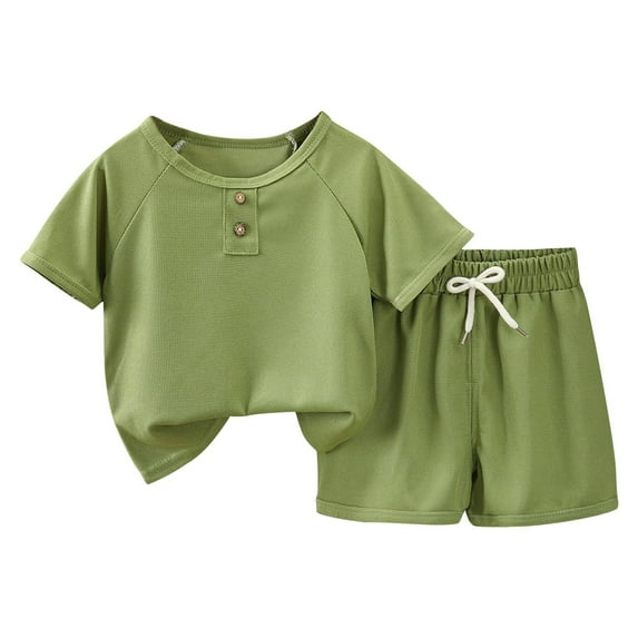 Loopsun Boys Girls Summer Outfits, Children's Solid Color Round Neck Short Sleeved Top and Elastic Waist Shorts Summer Casual Set Green 1-2 Years