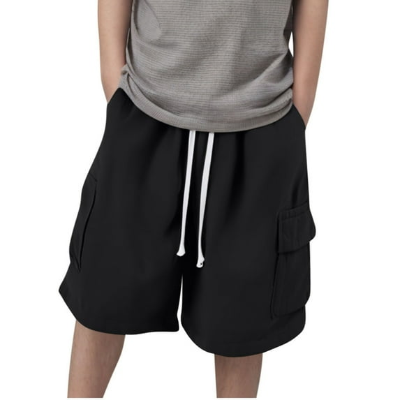 Loopsun Boys Girls Summer Shorts, Boys Solid Cropped Shorts with Elastic Waist Drawstring Cargo Pockets Black 16-17 Years