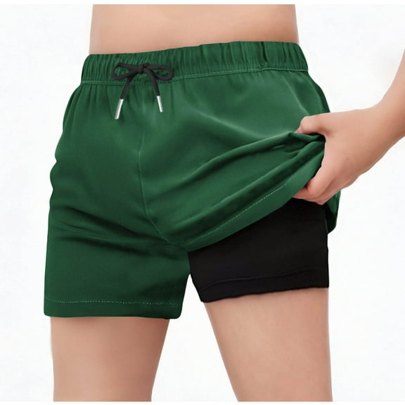 Loopsun Boys Girls Summer Shorts, Children's Solid Color Lightweight Breathable Double Layer Swimming Trunks with Pockets Green 14-15 Years