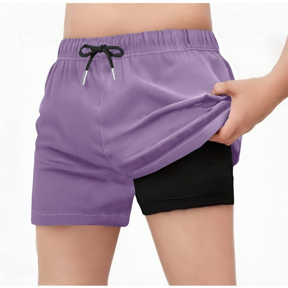 Loopsun Boys Girls Summer Shorts, Children's Solid Color Lightweight Breathable Double Layer Swimming Trunks with Pockets Purple 6-7 Years