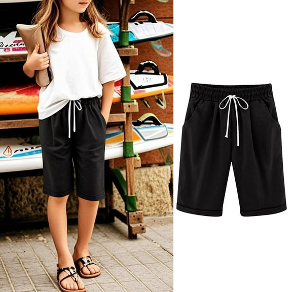 Loopsun Boys Girls Summer Shorts, Shorts for Kids, Children's Summer Solid Elastic Waist Casual Sports Short Pants with Pocket Black 7-8 Years