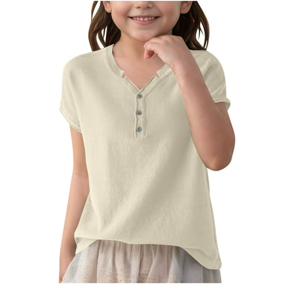 Loopsun Boys Girls Summer Tshirts, Boys and Girls Solid V Neck Short Sleeve Knit Tops Beige 15-16 Years