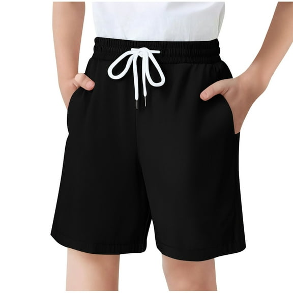 Loopsun Boys Sports Shorts, Boys' Solid Color Children's Casual Elastic Waist Drawstring Summer Shorts with Pocket Black 5-6 Years