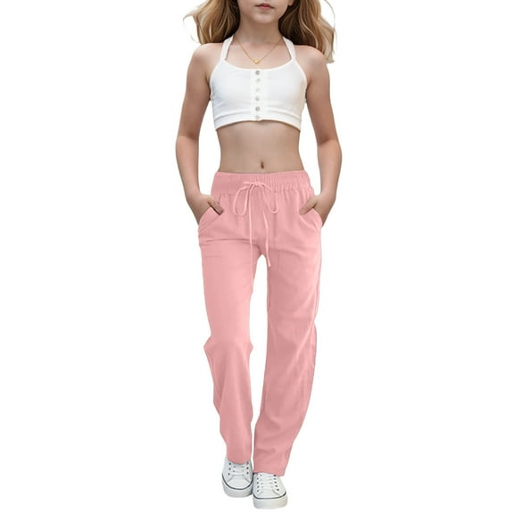 Loopsun Girls Casual Pants, Girls Casual High Waist Pant Loose Wide Leg Long Trousers Pink 12-13 Years