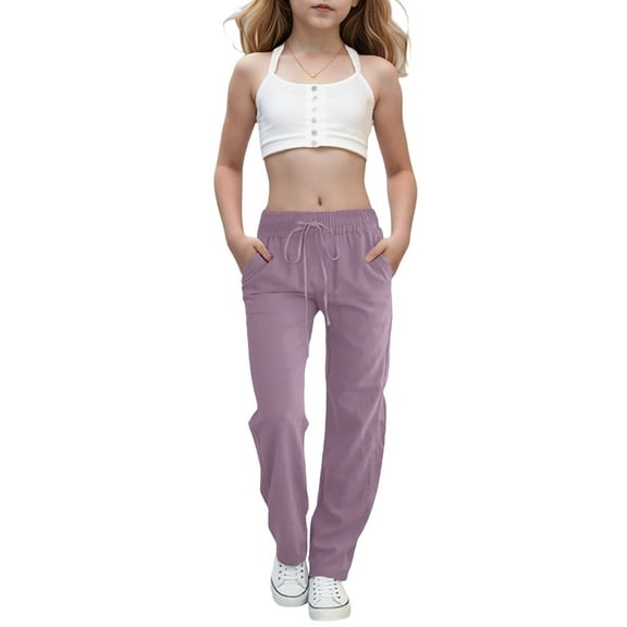 Loopsun Girls Casual Pants, Girls Casual High Waist Pant Loose Wide Leg Long Trousers Purple 12-13 Years