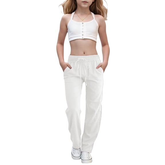 Loopsun Girls Casual Pants, Girls Casual High Waist Pant Loose Wide Leg Long Trousers White 8-9 Years