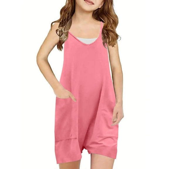 Loopsun Girls Jumpsuits, Girls Summer Sleeveless Casual Romper Strap Shorts Jumpsuit with Pockets Pink 5-6 Years