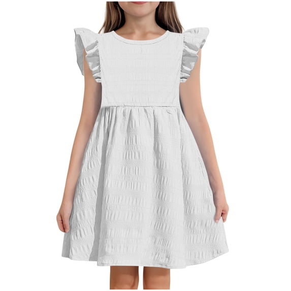Loopsun Girls Summer Dress, Children's Summer Solid Color Back Button Flying Sleeve Round Neck Dress White 8-9 Years