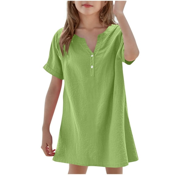 Loopsun Girls Summer Dress, Fashion Girls Casual Solid Color V Neck Button Short Sleeve Dress Green 11-12 Years