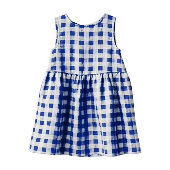 Loopsun Girls Summer Dress, Girls Children Cotton and Linen Plaid Linen Round Neck Sleeveless Back Lace Up Dress Navy 7-8 Years
