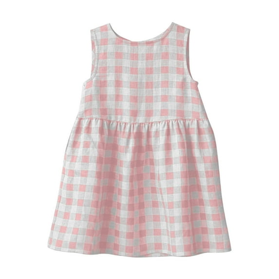 Loopsun Girls Summer Dress, Girls Children Cotton and Linen Plaid Linen Round Neck Sleeveless Back Lace Up Dress Pink 5-6 Years