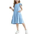 thumbnail image 1 of Loopsun Girls Summer Dress, Girls Short Sleeve Stretchy A Line Short Sleeve Round Neck Dress Blue 11-12 Years, 1 of 5