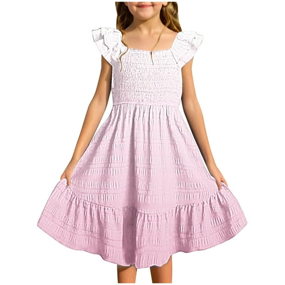 Loopsun Girls Summer Dress, Girls Summer Dresses Double Layer Ruffle Sleeve Flowy Dress Pink 5-6 Years
