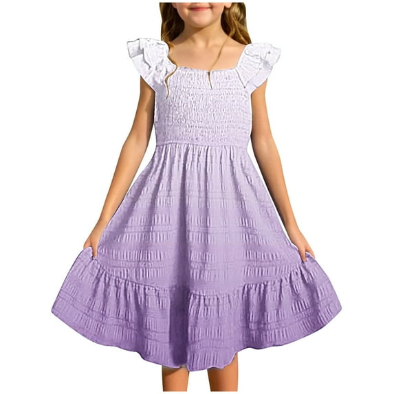 Loopsun Girls Summer Dress, Girls Summer Dresses Double Layer Ruffle Sleeve Flowy Dress Purple 5-6 Years