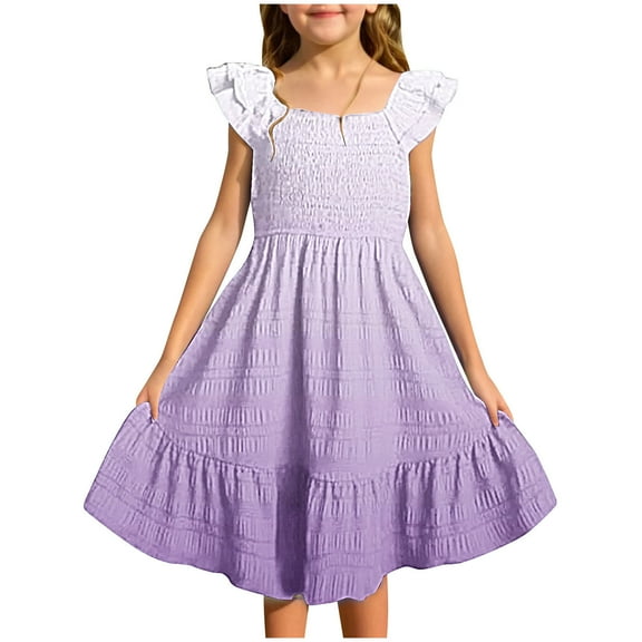 Loopsun Girls Summer Dress, Girls Summer Dresses Double Layer Ruffle Sleeve Flowy Dress Purple 9-10 Years