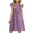 thumbnail image 1 of Loopsun Girls Summer Dresses, Children's and Girls' Solid Cotton and Round Neck Short Sleeve Dress with Drawstring Purple 4-5 Years, 1 of 5