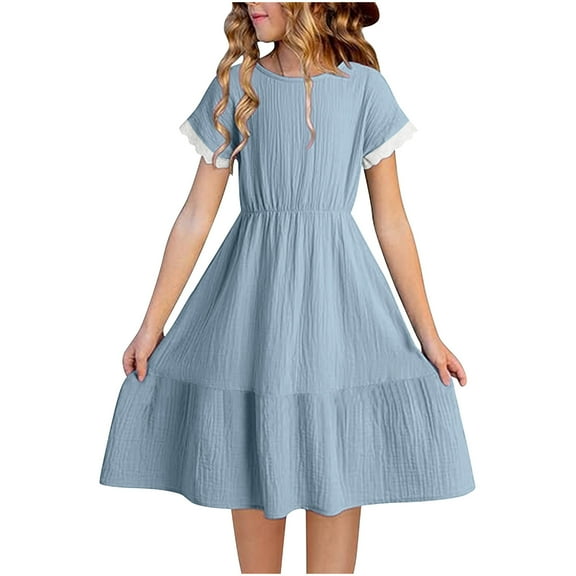 Loopsun Girls Summer Dresses, Children's and Girls' Solid Cotton and Round Neck Short Sleeve Spliced Lace Dress Blue 5-6 Years