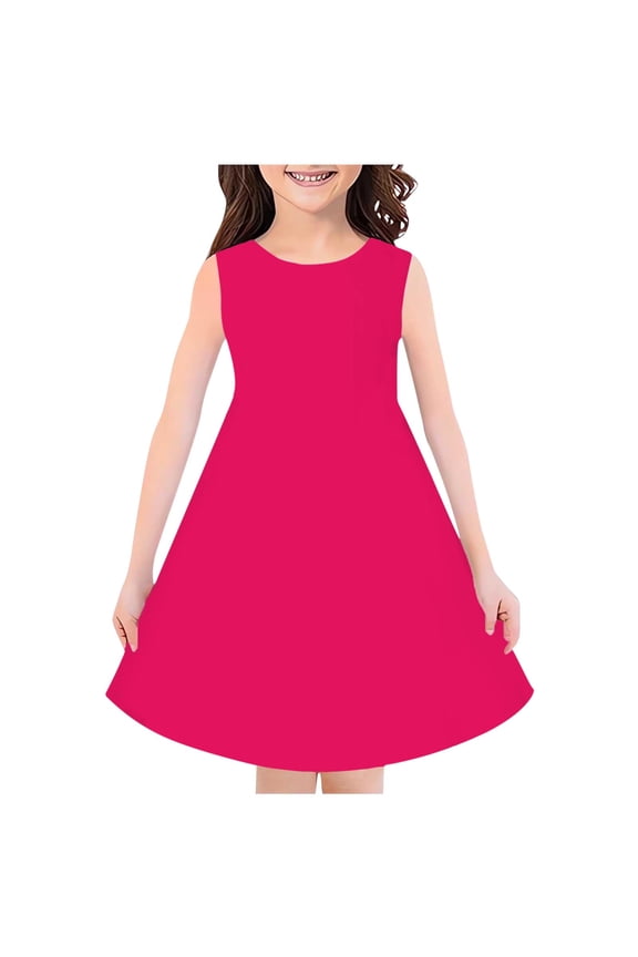 Girls Summer Dresses, Fashion Girls Summer Sleeveless Round Neck Solid Dress Hot Pink 7-8 Years