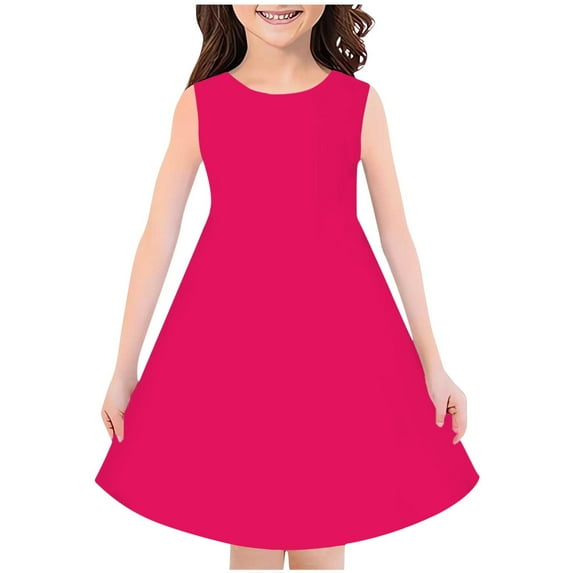 Loopsun Girls Summer Dresses, Fashion Girls Summer Sleeveless Round Neck Solid Dress Hot Pink 7-8 Years