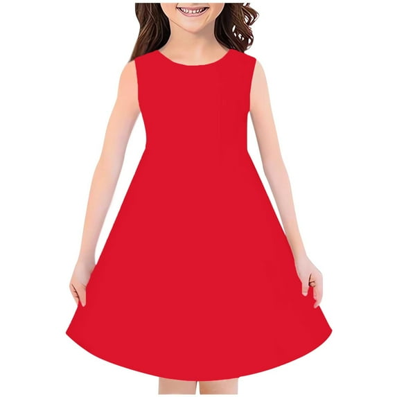 Loopsun Girls Summer Dresses, Fashion Girls Summer Sleeveless Round Neck Solid Dress Red 4-5 Years