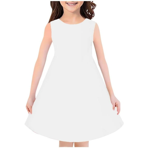 Loopsun Girls Summer Dresses, Fashion Girls Summer Sleeveless Round Neck Solid Dress White 4-5 Years