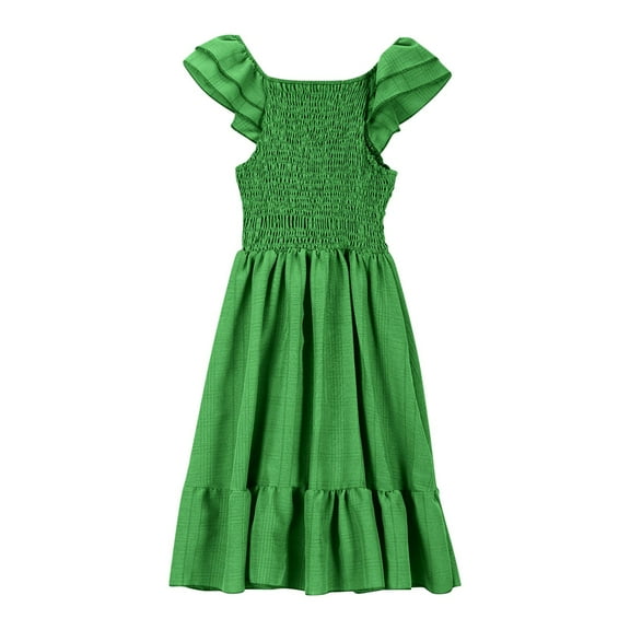 Loopsun Girls Summer Dresses, Girl's Fashion Summer Solid Color Flying Sleeve Pleated Dress Green 7-8 Years