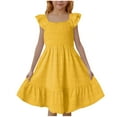 thumbnail image 1 of Loopsun Girls Summer Dresses, Girl's Fashion Summer Solid Color Flying Sleeve Pleated Dress Yellow 7-8 Years, 1 of 5