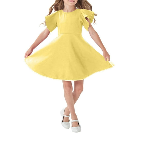 Loopsun Girls Summer Dresses, Girls' Solid Summer Short Sleeve Casual Dress Yellow 7-8 Years