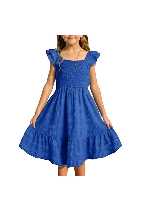 Girls Summer Dresses, Girls Summer Dresses Double Layer Ruffle Sleeve Flowy Dress Blue 7-8 Years
