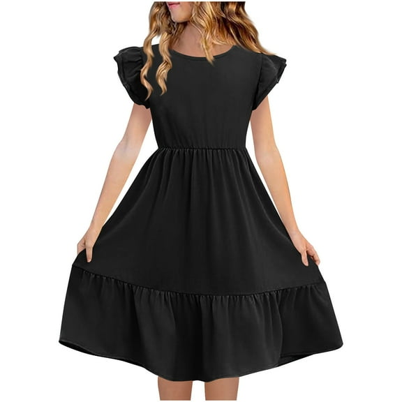 Loopsun Girls Summer Dresses, Kids Girls Summer Double Layer Ruffle Short Sleeve Dress Black 13-14 Years