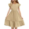 thumbnail image 1 of Loopsun Girls Summer Dresses, Kids Girls Summer Double Layer Ruffle Short Sleeve Dress Khaki 11-12 Years, 1 of 5