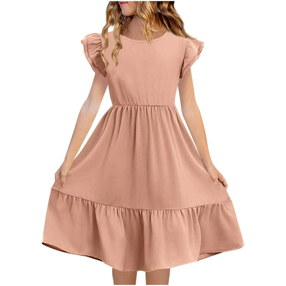Loopsun Girls Summer Dresses, Kids Girls Summer Double Layer Ruffle Short Sleeve Dress Pink 9-10 Years